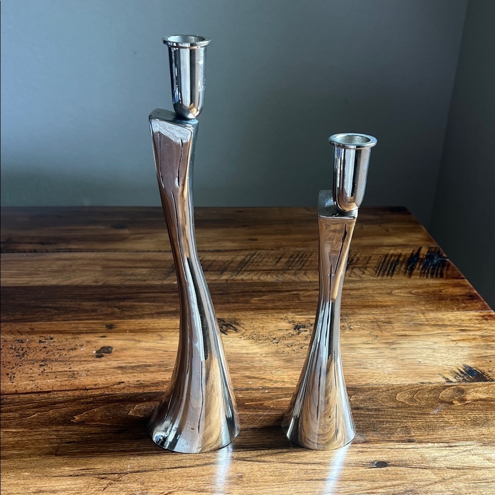 Midcentury Modern Silver Abstract Art Candlestick Set of 2